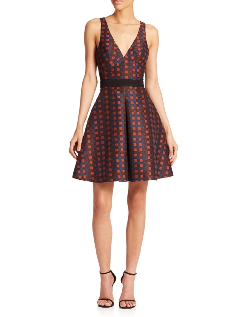 ABS BY ALLEN SCHWARTZ ORANGE BLACK CHECK PRINT MESH FIT FLARE DRESS 6